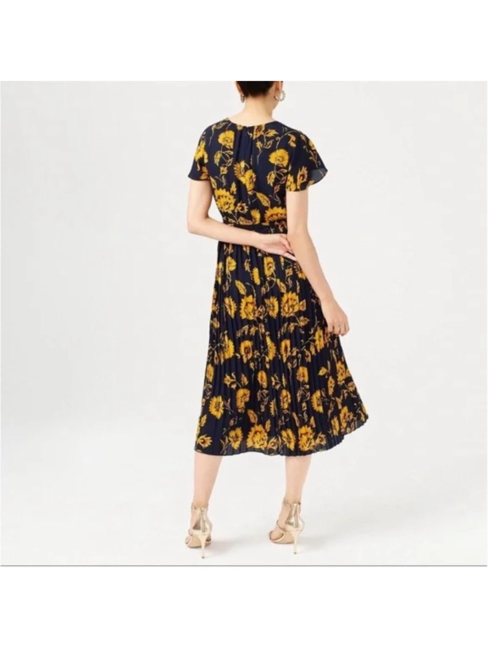 J.Crew Factory Navy Yellow Sunflower Print, Pleated Skirt